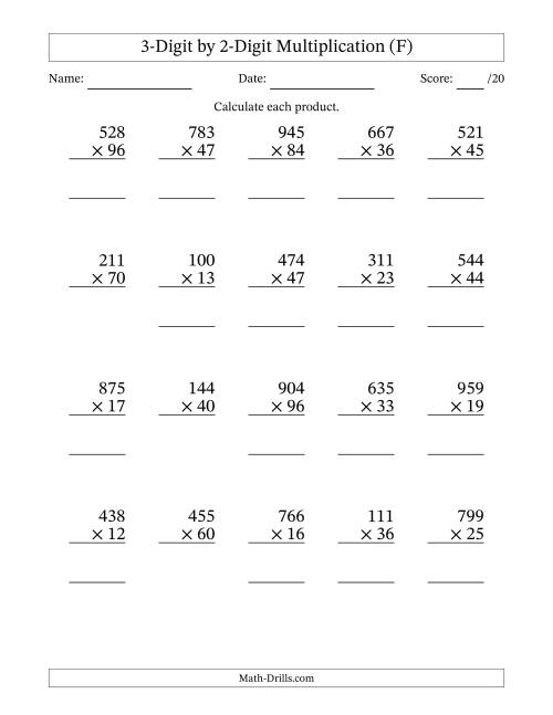 The Multiplying 3-Digit by 2-Digit Numbers (F) Math Worksheet