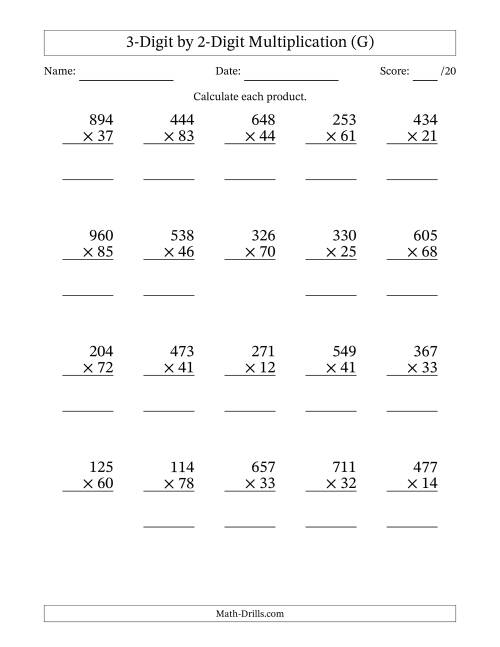 The Multiplying 3-Digit by 2-Digit Numbers (G) Math Worksheet