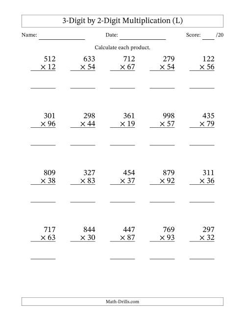 The Multiplying 3-Digit by 2-Digit Numbers (L) Math Worksheet