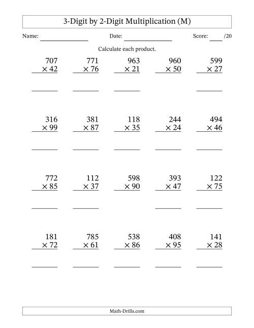 The Multiplying 3-Digit by 2-Digit Numbers (M) Math Worksheet