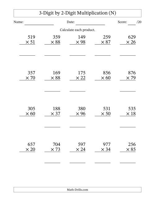 The Multiplying 3-Digit by 2-Digit Numbers (N) Math Worksheet