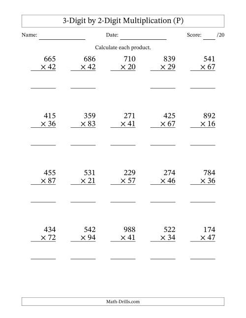 The Multiplying 3-Digit by 2-Digit Numbers (P) Math Worksheet
