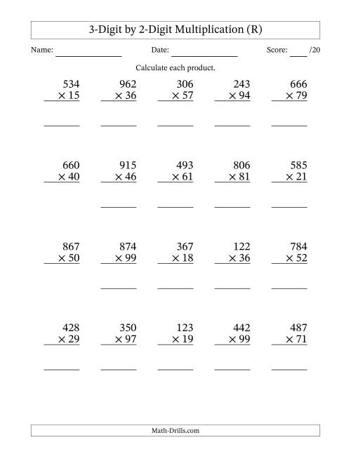 The Multiplying 3-Digit by 2-Digit Numbers (R) Math Worksheet