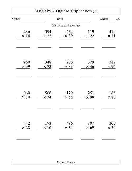 The Multiplying 3-Digit by 2-Digit Numbers (T) Math Worksheet