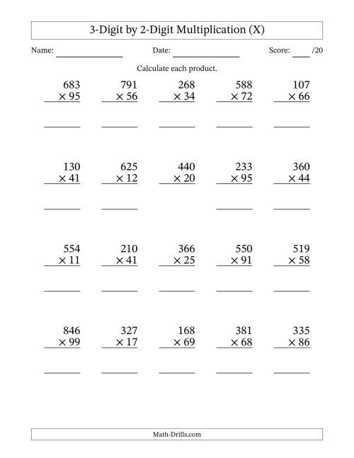 The Multiplying 3-Digit by 2-Digit Numbers (X) Math Worksheet