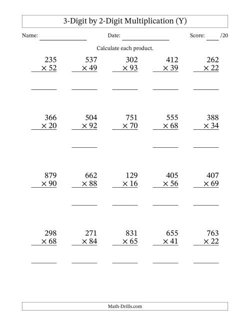 The Multiplying 3-Digit by 2-Digit Numbers (Y) Math Worksheet