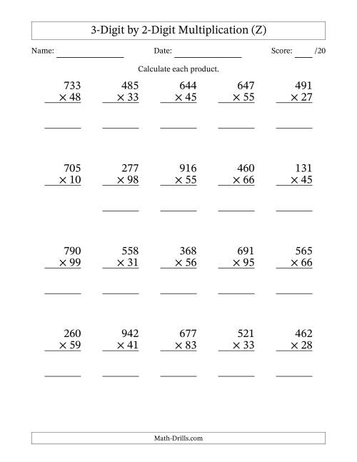 The Multiplying 3-Digit by 2-Digit Numbers (Z) Math Worksheet
