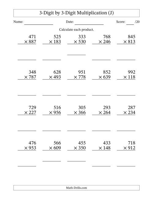 The Multiplying 3-Digit by 3-Digit Numbers (J) Math Worksheet