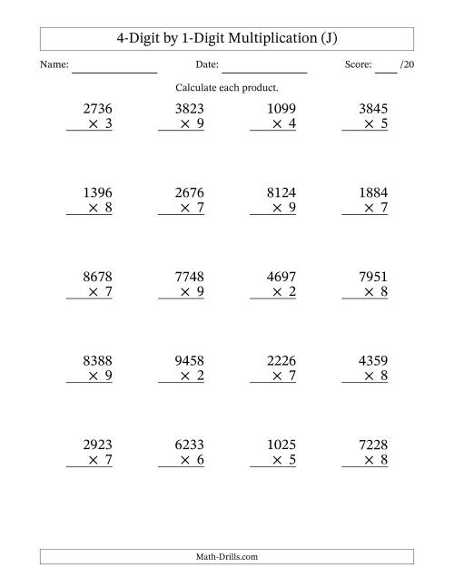 The Multiplying 4-Digit by 1-Digit Numbers (J) Math Worksheet