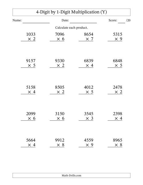 The Multiplying 4-Digit by 1-Digit Numbers (Y) Math Worksheet