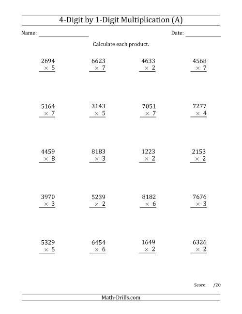The Multiplying 4-Digit by 1-Digit Numbers (Old) Math Worksheet