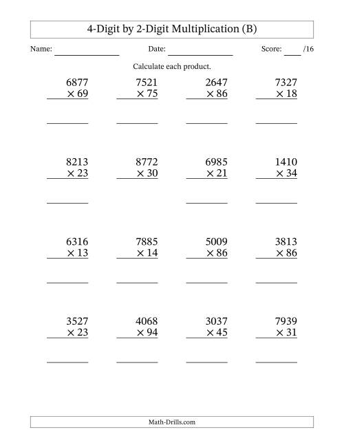 The Multiplying 4-Digit by 2-Digit Numbers (B) Math Worksheet