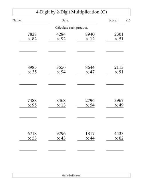 The Multiplying 4-Digit by 2-Digit Numbers (C) Math Worksheet