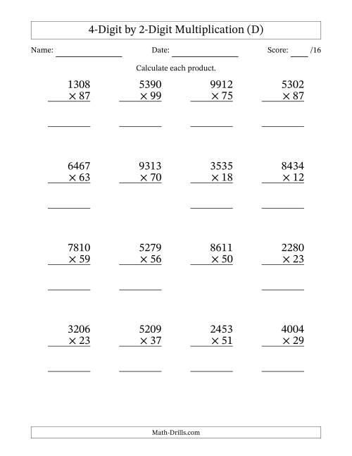 The Multiplying 4-Digit by 2-Digit Numbers (D) Math Worksheet