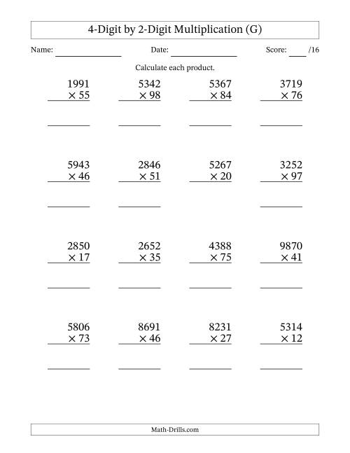 The Multiplying 4-Digit by 2-Digit Numbers (G) Math Worksheet