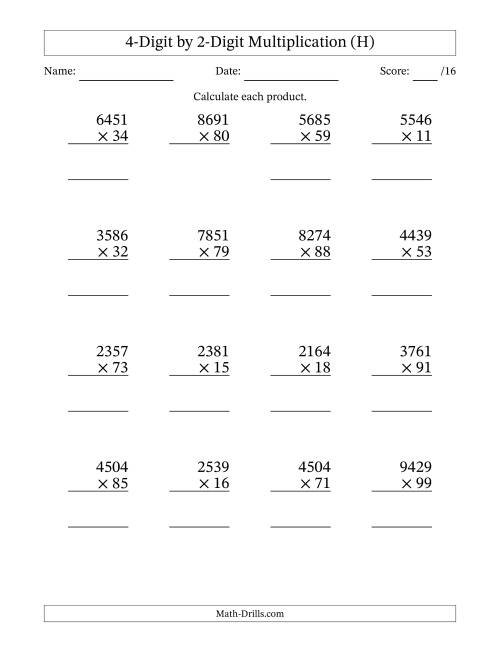 The Multiplying 4-Digit by 2-Digit Numbers (H) Math Worksheet