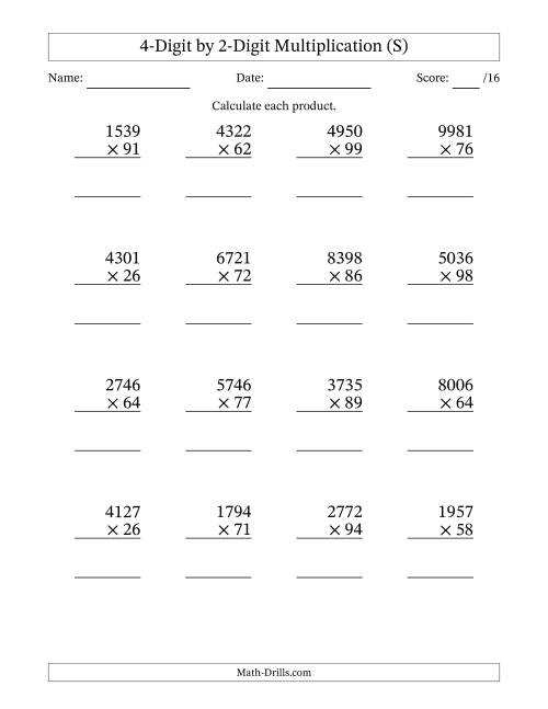 The Multiplying 4-Digit by 2-Digit Numbers (S) Math Worksheet