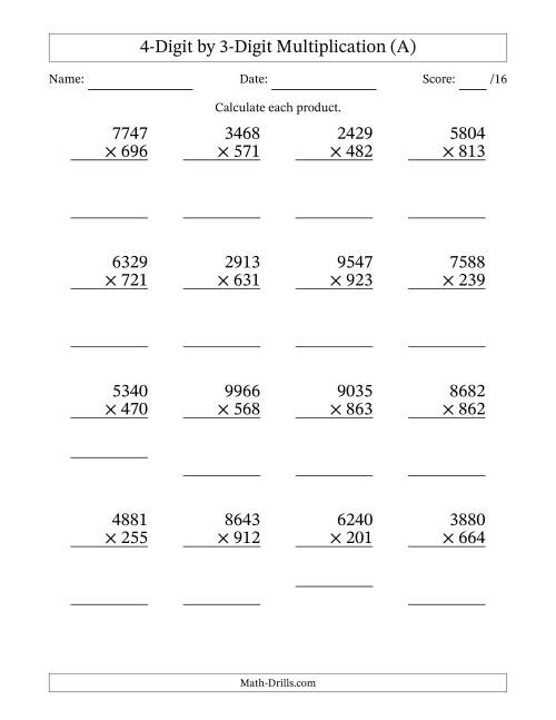 The Multiplying 4-Digit by 3-Digit Numbers (A) Math Worksheet
