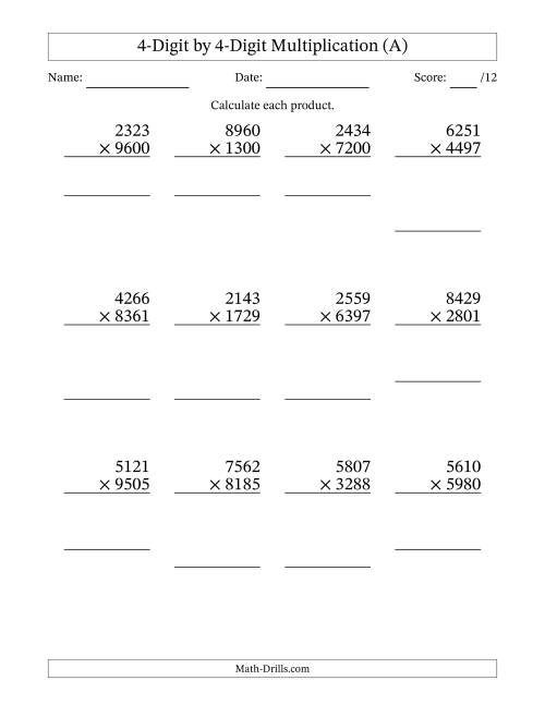 The Multiplying 4-Digit by 4-Digit Numbers (A) Math Worksheet