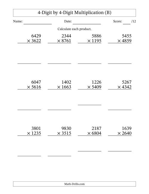 The Multiplying 4-Digit by 4-Digit Numbers (B) Math Worksheet