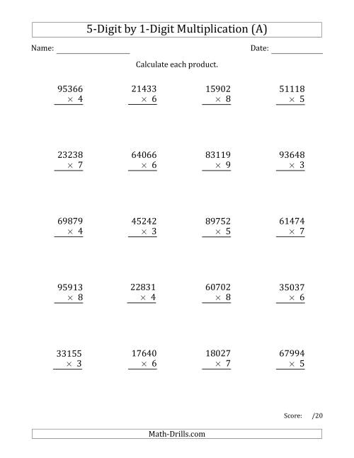 The Multiplying 5-Digit by 1-Digit Numbers (A) Math Worksheet