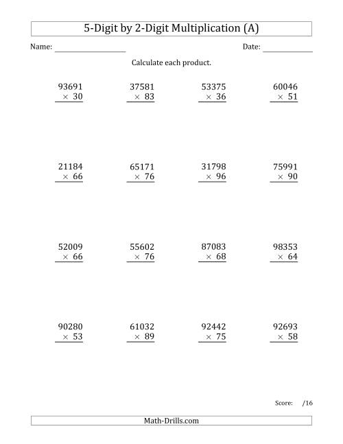 The Multiplying 5-Digit by 2-Digit Numbers (A) Math Worksheet