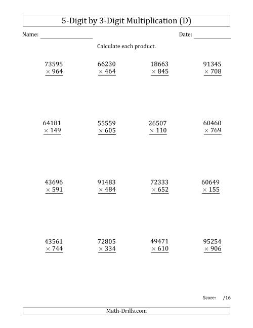 The Multiplying 5-Digit by 3-Digit Numbers (D) Math Worksheet