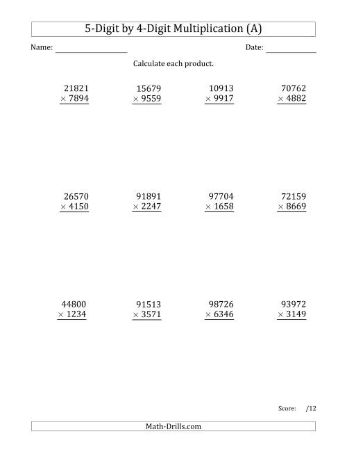 The Multiplying 5-Digit by 4-Digit Numbers (A) Math Worksheet