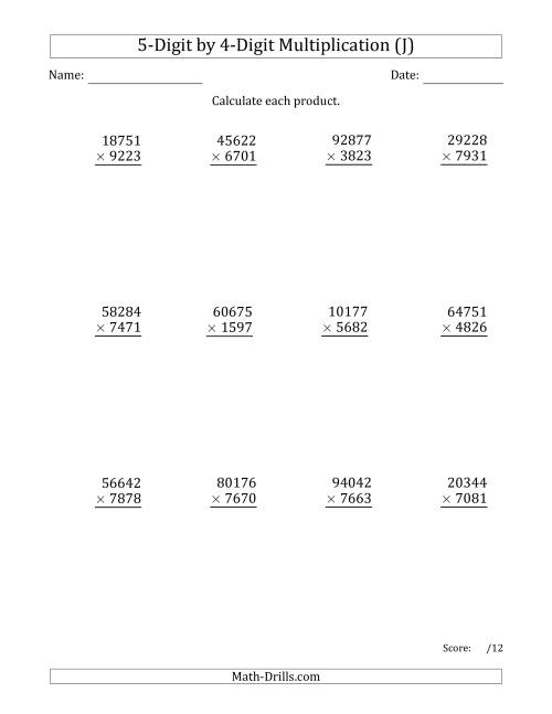 The Multiplying 5-Digit by 4-Digit Numbers (J) Math Worksheet
