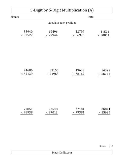 The Multiplying 5-Digit by 5-Digit Numbers (A) Math Worksheet