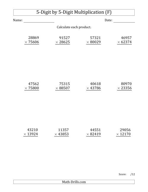 The Multiplying 5-Digit by 5-Digit Numbers (F) Math Worksheet
