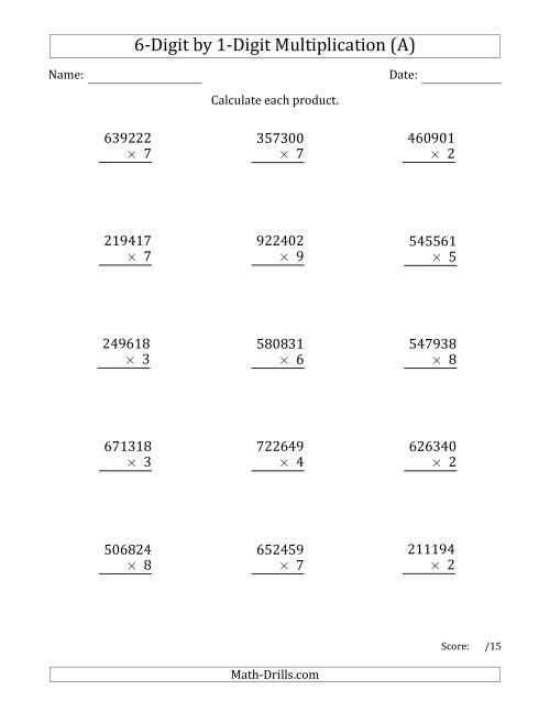 The Multiplying 6-Digit by 1-Digit Numbers (A) Math Worksheet