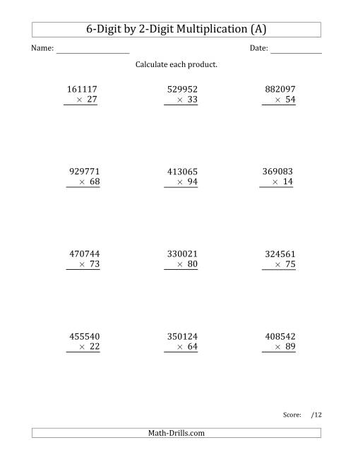 The Multiplying 6-Digit by 2-Digit Numbers (A) Math Worksheet