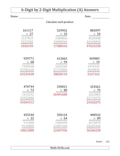 The Multiplying 6-Digit by 2-Digit Numbers (A) Math Worksheet Page 2
