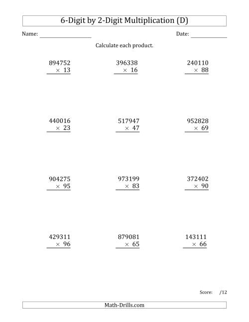 The Multiplying 6-Digit by 2-Digit Numbers (D) Math Worksheet