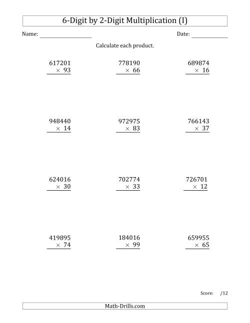 The Multiplying 6-Digit by 2-Digit Numbers (I) Math Worksheet
