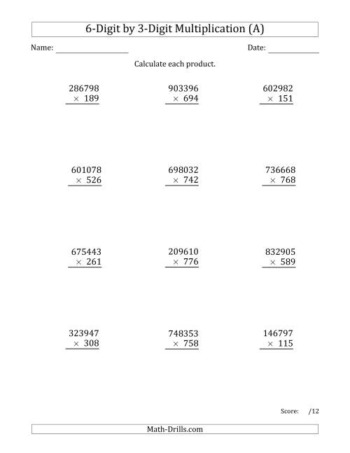 The Multiplying 6-Digit by 3-Digit Numbers (A) Math Worksheet