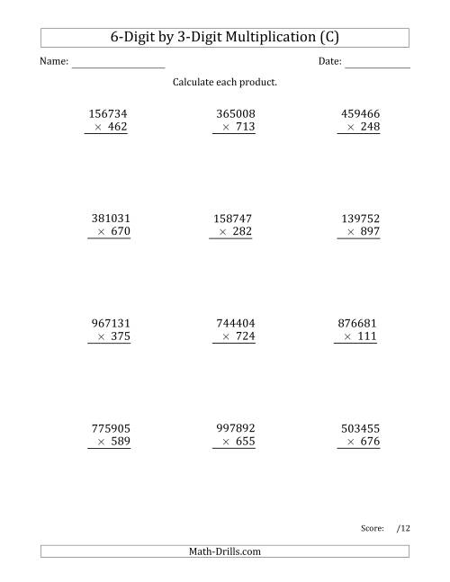The Multiplying 6-Digit by 3-Digit Numbers (C) Math Worksheet