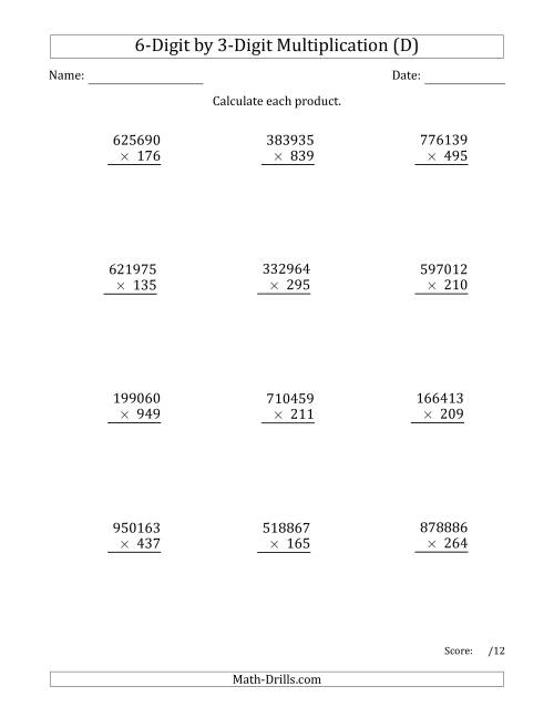 The Multiplying 6-Digit by 3-Digit Numbers (D) Math Worksheet