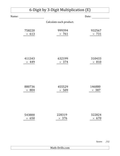 The Multiplying 6-Digit by 3-Digit Numbers (E) Math Worksheet
