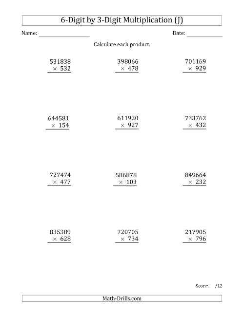 The Multiplying 6-Digit by 3-Digit Numbers (J) Math Worksheet