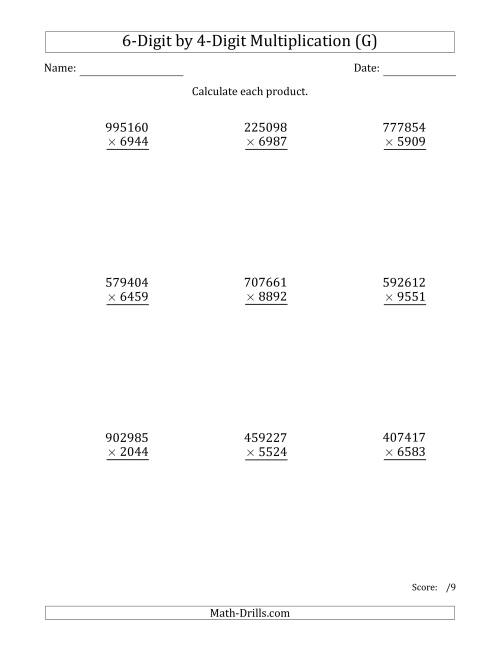 The Multiplying 6-Digit by 4-Digit Numbers (G) Math Worksheet