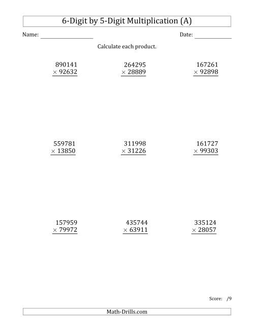 The Multiplying 6-Digit by 5-Digit Numbers (A) Math Worksheet