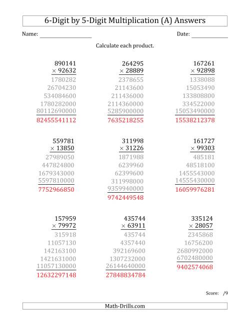 The Multiplying 6-Digit by 5-Digit Numbers (A) Math Worksheet Page 2