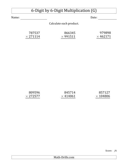 The Multiplying 6-Digit by 6-Digit Numbers (G) Math Worksheet