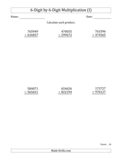 The Multiplying 6-Digit by 6-Digit Numbers (I) Math Worksheet