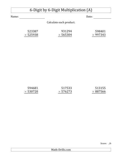 The Multiplying 6-Digit by 6-Digit Numbers (All) Math Worksheet