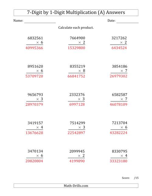 The Multiplying 7-Digit by 1-Digit Numbers (A) Math Worksheet Page 2