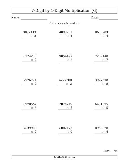 The Multiplying 7-Digit by 1-Digit Numbers (G) Math Worksheet