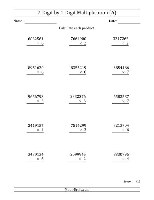 The Multiplying 7-Digit by 1-Digit Numbers (All) Math Worksheet